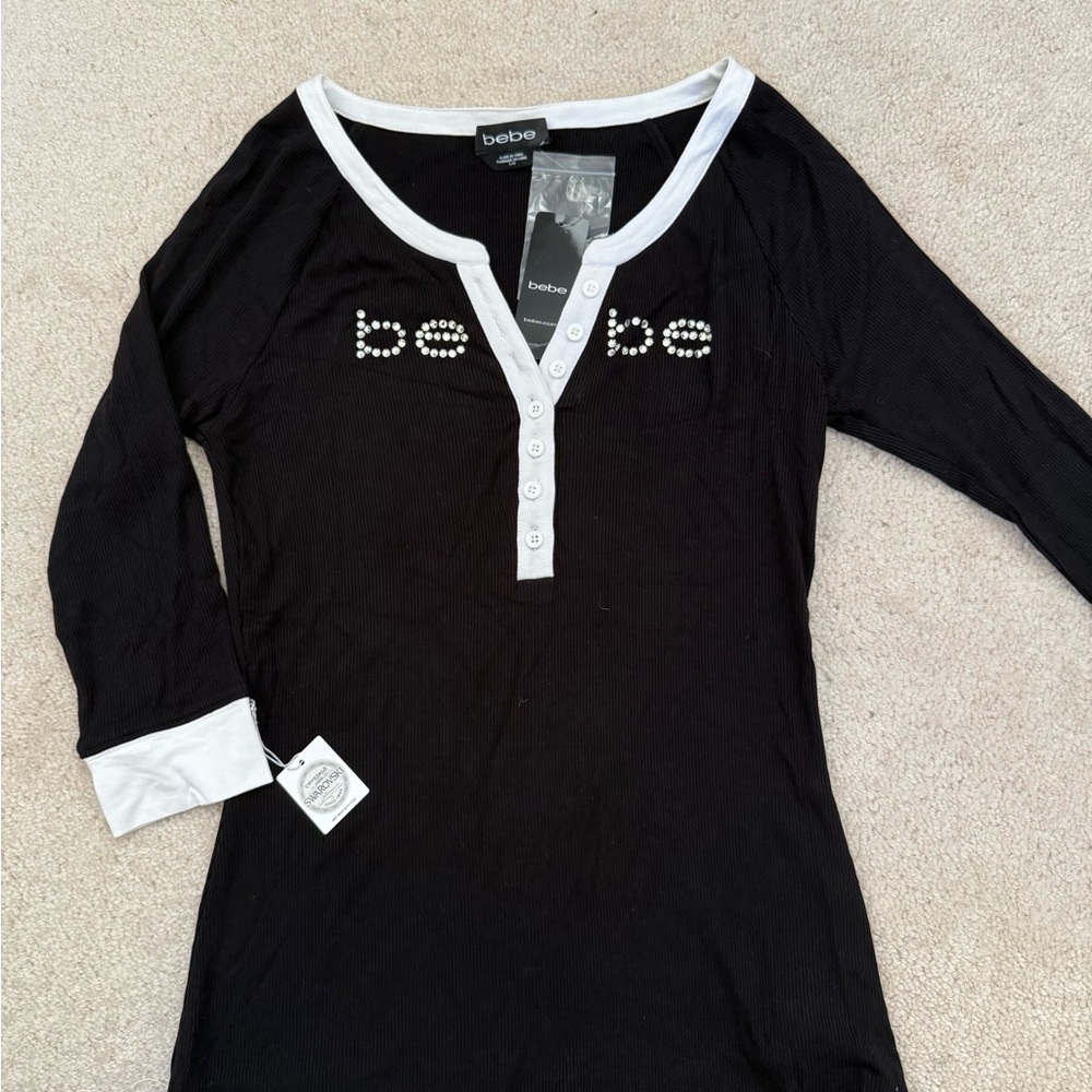 Bebe Black Long Sleeve Top with White Accents